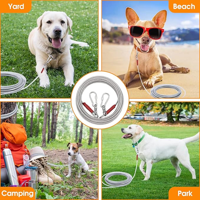 Dog Tie Out Cable for Dogs Outside Up to 125/250lbs,10/20/30/50FT Long Dog Leashes&Chains,Small-Large Dogs Runner Cable for Yard,Heavy Duty Lead Line for Outdoor,Camping,Yard(250lbs 20FT, Silver)-PurrikoPets