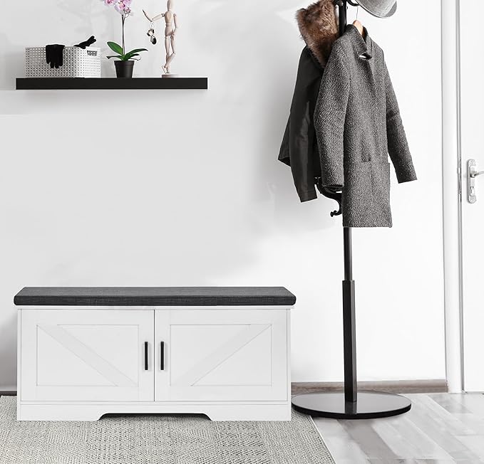 2-Tier Storage Bench, Shoe Bench with Padded Seat Cushion, Entryway Bench with 2 Barn Doors, Adjustable Shelf, 13.8" D x 39.4" W x 17.7" H, for Entryway, Living Room, Bedroom, White-PurrikoPets