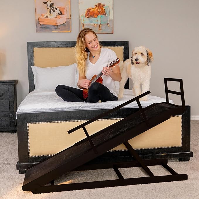 Dog Ramp for Bed, 5 Level Adjustable Dog Ramp for High Beds, Upgrade Rubber Mat High Traction Ramp with Safety Rails, Folding Pet Ramp for Bed, Couch,SUV, Natural Wood Pet Ramp for Small & Old Dogs-PurrikoPets