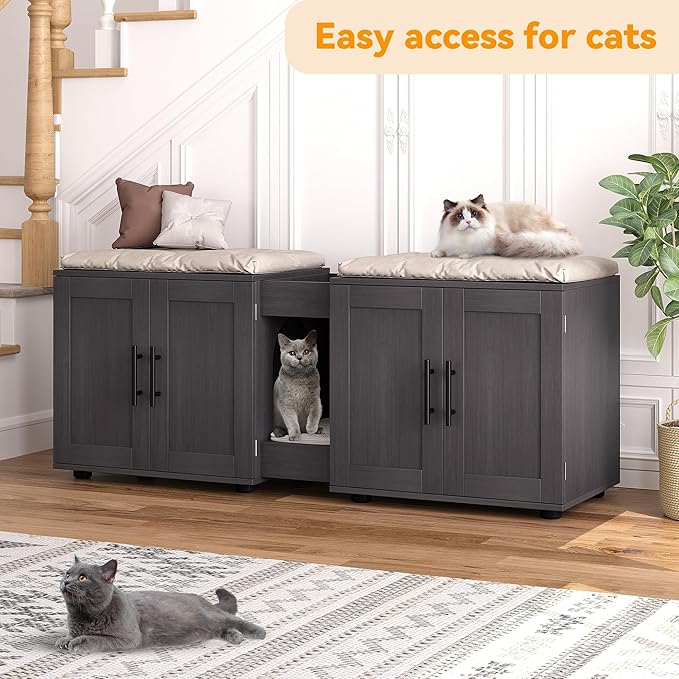 Gaomon Litter Box Enclosure with Double Room,Cat Hidden Litter Box Enclosure Furniture for 2 Cats with Double Room, 55”L x 17.7”W x 22.5”H Cat House,Wooden Enclosed Cat Litter Box Furniture,Walnut-PurrikoPets
