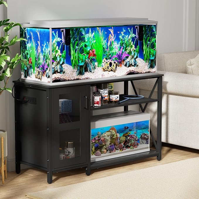 55-75 Gallon Fish Tank Stand , Aquarium Stand with Cabinet & Power Outlets for Fish Tank Accessories Storage, Heavy Duty Metal Terrarium Stand, 52" L*19" W Tabletop, 1200LBS Capacity, Black-PurrikoPets