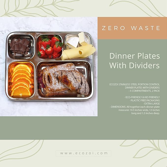 Extra Large Premium Stainless Steel Dinner Plates, 5 Compartments, Set of 2 | Eco Friendly Dinnerwear for Camping, Portion Control, Meal Prep, Lunch, and Party-PurrikoPets