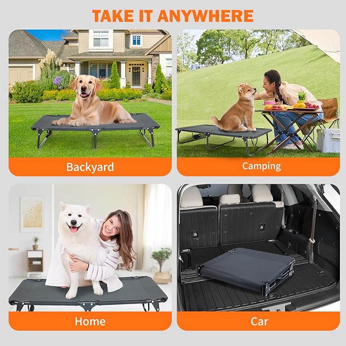 Elevated Dog Bed for Large Pet with No-Slip Feet, Foldable Portable Washable Raised Bed for Indoor&Outdoor Camping Dog Cot, with Cooling Waterproof Breathable Mesh (Large, Black-Textilene)-PurrikoPets