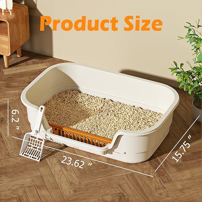 Extea Large Cat Litter Box with High Sides,Cat Boxes for Indoor Cats,Cat Litter Pan for Kitty,Litter Box with Low Entry,Easy to Clean,Anti-Splashing,23.6" x15.7" x6.2" (White)-PurrikoPets