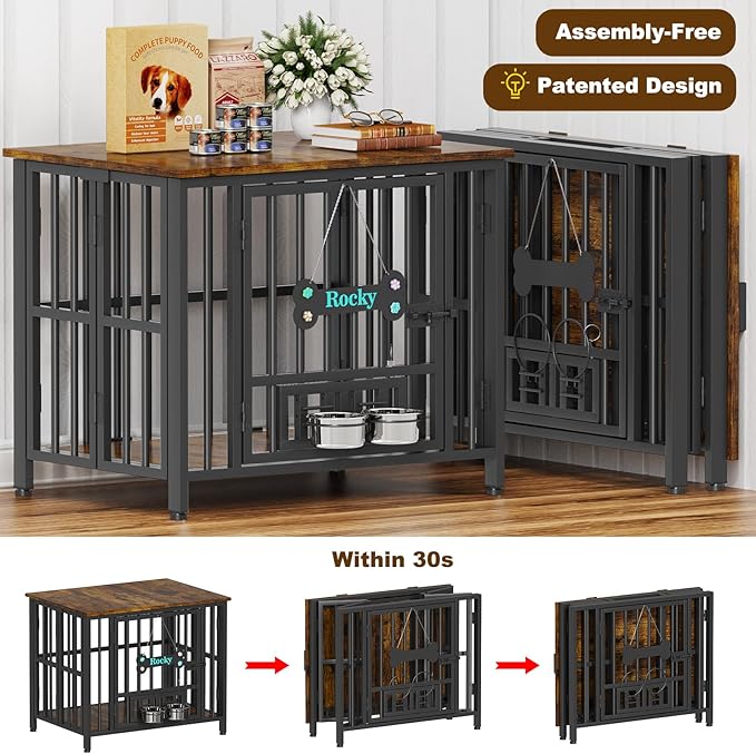 Easycom 31" Dog Crate Furniture Foldable, No Assembly Decorative Dog Kennel Indoor, Dog Crates for Small Dogs (20-40 lbs), Wooden Dog Cage with Adjustable Bowls and Name Tag, End Table, Rustic Brown-PurrikoPets