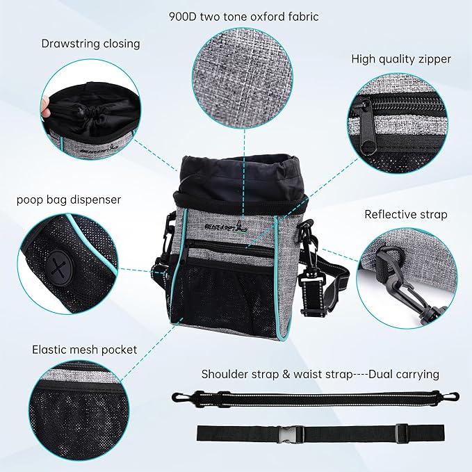 Dog Treat Pouches Training Walking Bag with Shoulder Strap, Large Space for Pets Food, Polyester Fabric, 3-Way Wearing Design, Portable Pet Bagand Easy to Clean, Black with Grey-PurrikoPets
