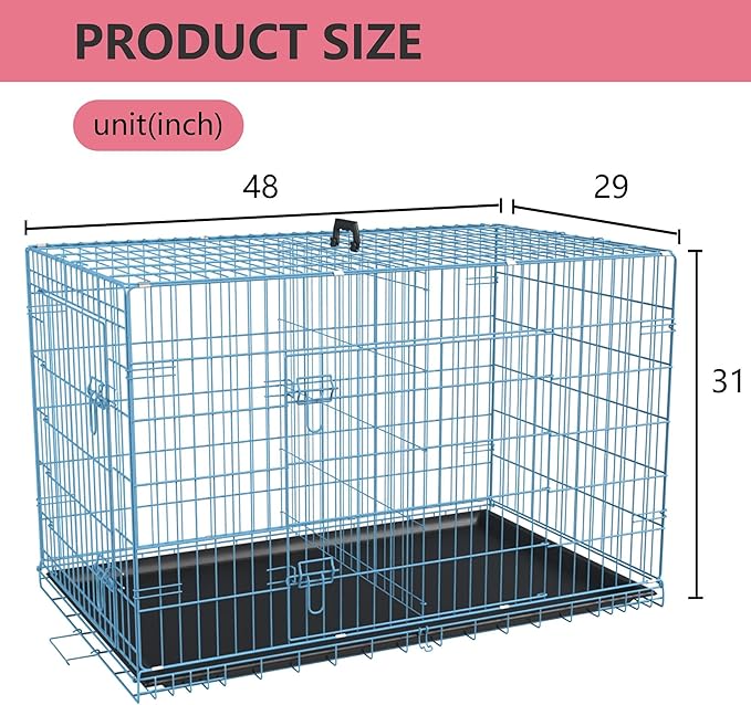 FDW Dog Crate for Large Dogs 48 Inch Folding Metal WirePet Cage Double Door W/Divider Panel Indoor Outdoor Kennel Leak-Proof Plastic Tray,Blue-PurrikoPets