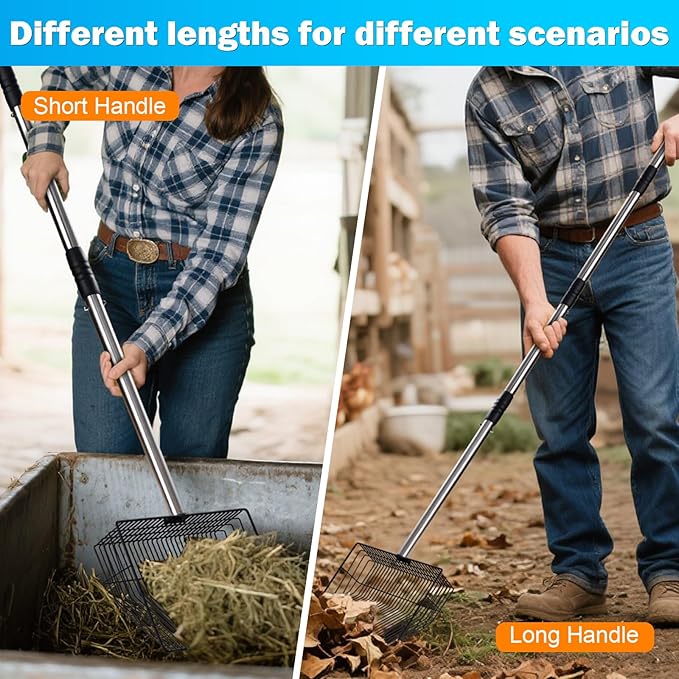 10 inch Large Chicken Poop Scooper,4 in1 Chicken Coop Poop Shovel,Adjustable 32" to 67" Stainless Steel Chicken Coop Scoop,Litter Sifting Shovel Poop Scooper for Chicken Coop Pet Waste-PurrikoPets