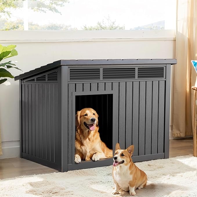 Dog House Indoor Outdoor,Resin Waterproof Puppy Shelter with Air Vents and Elevated Floor-PurrikoPets