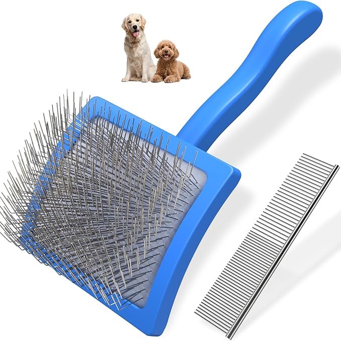 2PCS Slicker Brush for Dogs & Pet Comb,Professional Dog Grooming Brush (Goldendoodles,Poodles,Labradoodles) with Extra Long Pins to Effectively Remove Tangles, Knots and Mats (Blue)-PurrikoPets