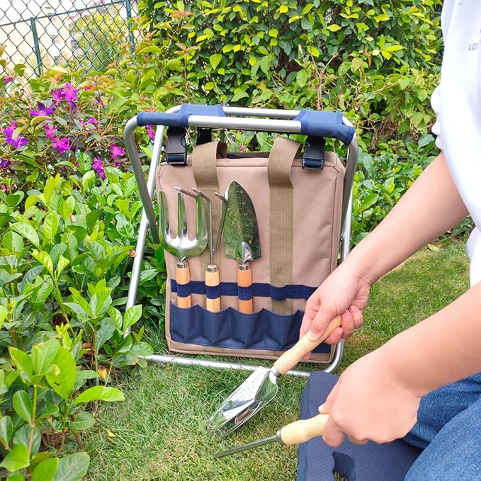 Garden Folding Gardener Stool with Gardening Tools Insulation Garden Bags Plus 5 Garden Tools and Gardening Kneeler Ideal Gift for Mother's Day/Father's Day (Navy Blue)-PurrikoPets