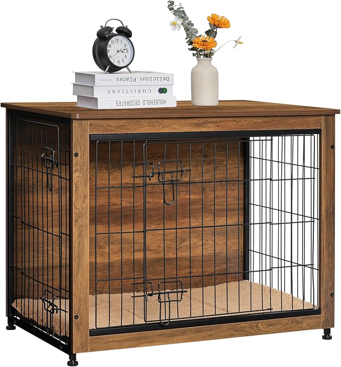 DWANTON Dog Crate Furniture with Cushion, Wooden Kennel Table with Double Doors, Indoor Dog House, Medium Size, 32.5" L, Warm Brown-PurrikoPets