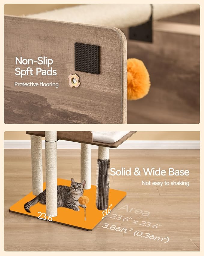 FourFurPets 43.7" Cat Tree, Modern Cat Tree Tower, Cat Tower for Indoor Cats Large Adult, Cat Condo with Scratching Post, Large Perch and Removable Pads, Greige-PurrikoPets