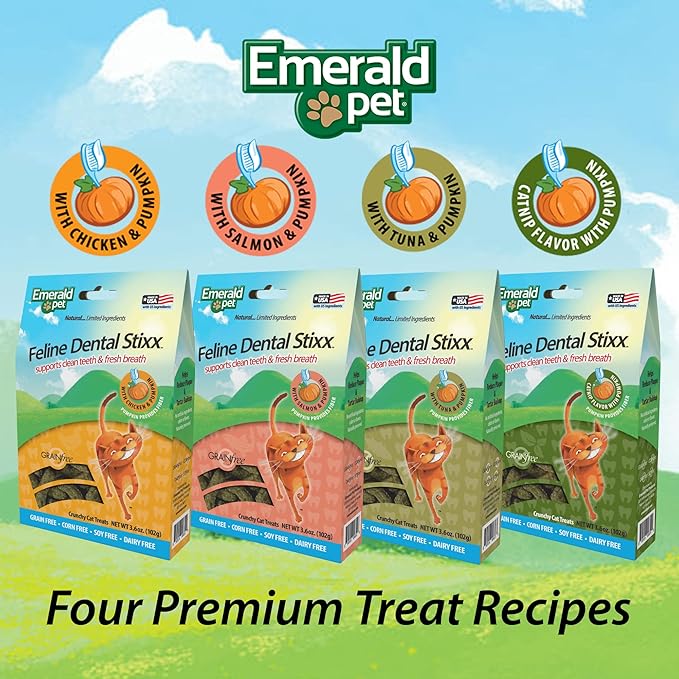 Emerald Pet Feline Dental Stixx — Tasty and Crunchy Cat Dental Sticks with Pumpkin for Digestive Health — Natural Grain Free Dental Treats for Clean Cat Teeth and Fresh Breath — Chicken Stixx, 3.6 oz-PurrikoPets