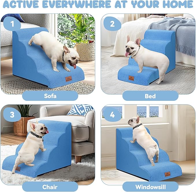 Dog Ramp and Stair for Bed 16" H-20 H,3-Step Cat Stair for Sofa and Chair,4-Step Dog Ramp for High Bed and Window,Durable Nonslip Fabric Cover for Indoor (Blue-20“H, Pet Friendly, 4)-PurrikoPets