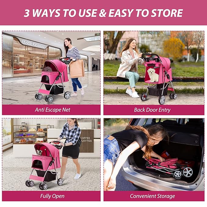 4 Wheels Pet Stroller for Small Medium Dogs Cats 10-33 lbs, Foldable Dog and Cat Stroller with Cup Holder & Storage Basket & Breathable Mesh, Pet Strolling Cart for All-Season, Pink-PurrikoPets