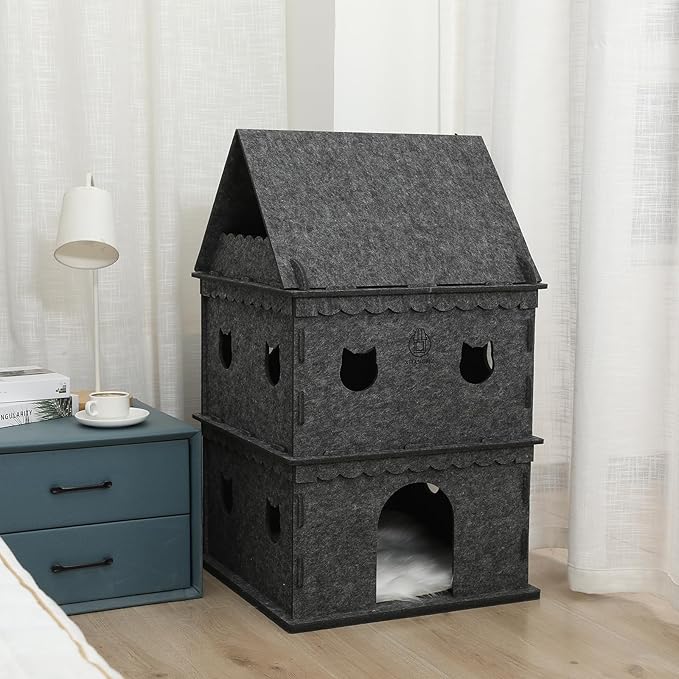 3-Tier Indoor Cat Apartment,Cozy Pet Cat Bed, Hideaway, and Sturdy Cat Castle for Multiple and Large Cats-PurrikoPets