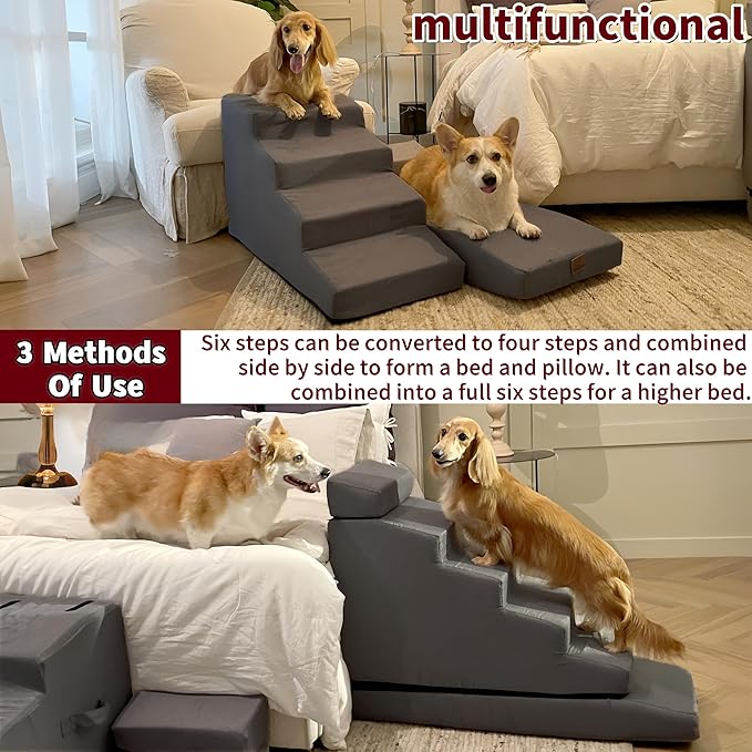 Dog Stair ramp for 30 inch high beds. 6-Step Dog Stair Ramp for 20 to 36 Inch Sofa Beds. Pet Steps for Small, Medium and Large Dogs. Non-Slip, Balanced and Portable. Multifunctional 6 Steps, Gray.-PurrikoPets