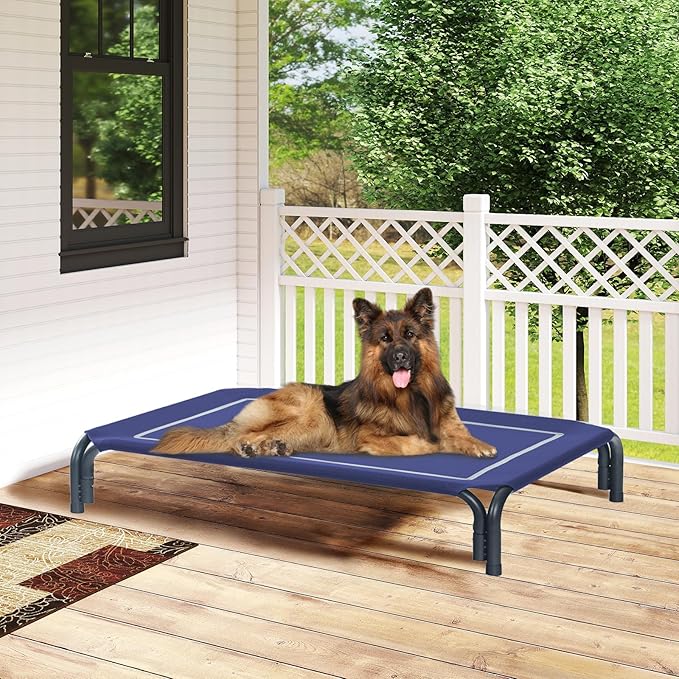 Elevated Dog Bed Raised Outdoor Dog Cot for Extra Large Dogs, Installation Requires No Tools, Frame with Washable Cooling Breathable Mesh Anti-Slip Feet, Indoor Pet Bed, Blue, 48.8 Inches-PurrikoPets