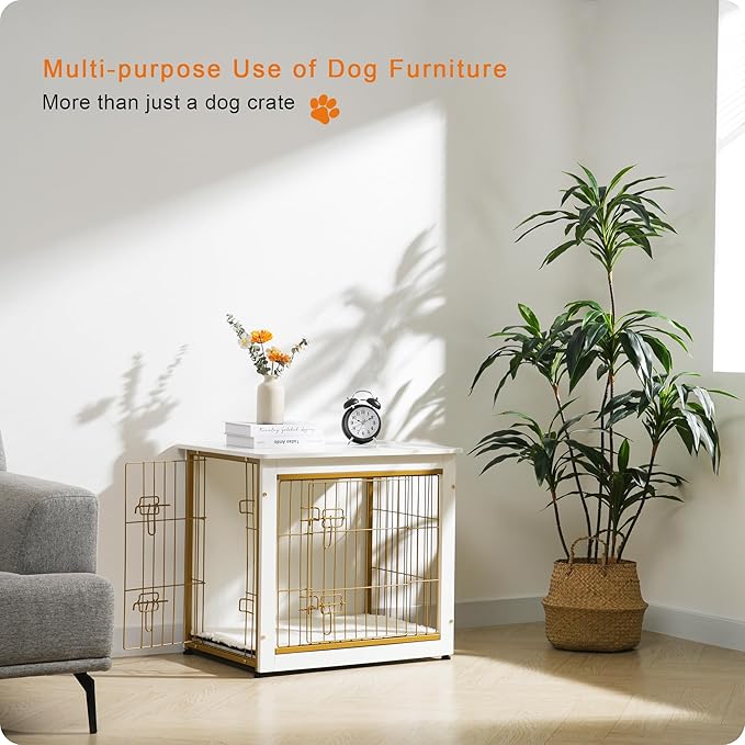 DWANTON Dog Crate Furniture with Cushion, Wooden Kennel Table with Double Doors, Indoor Dog House, Small/Medium/Large Size, 27.2" L, White-PurrikoPets
