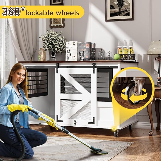 47 inch XL Dog Crate Furniture with Top-Access Teasing/Feeding Doors, Farmhouse Wooden Decorative Dog Crates with Wheels, Chew-Resistant Dog Crates End Table for Medium&Large Dogs, White-PurrikoPets