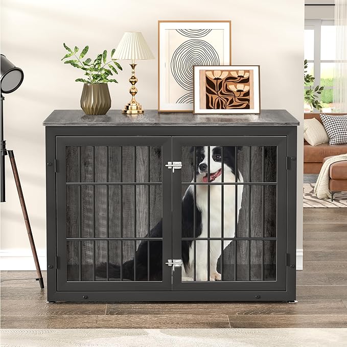 42" Heavy Duty Dog Crate Furniture for Large and Medium Dogs, Enclosed Design Wooden Metal Kennel, Pet Cage Furniture Indoor, Decorative Dog Kennel, End Table-PurrikoPets