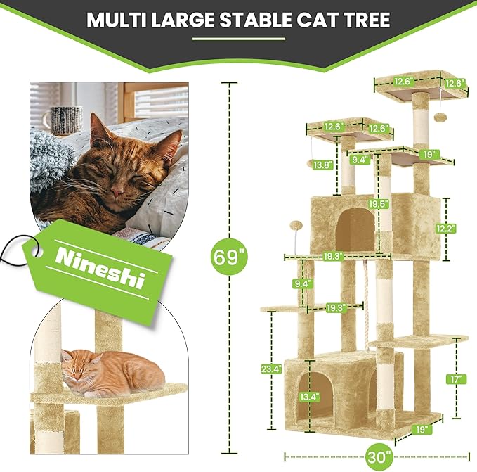 69in Large Cat Tree Tower for Indoor Cats with Soft Plush Hang Ball, Two Condos, Sisal Scratch Posts & Rope Play for Kittens/Adult Cats, Beige-PurrikoPets