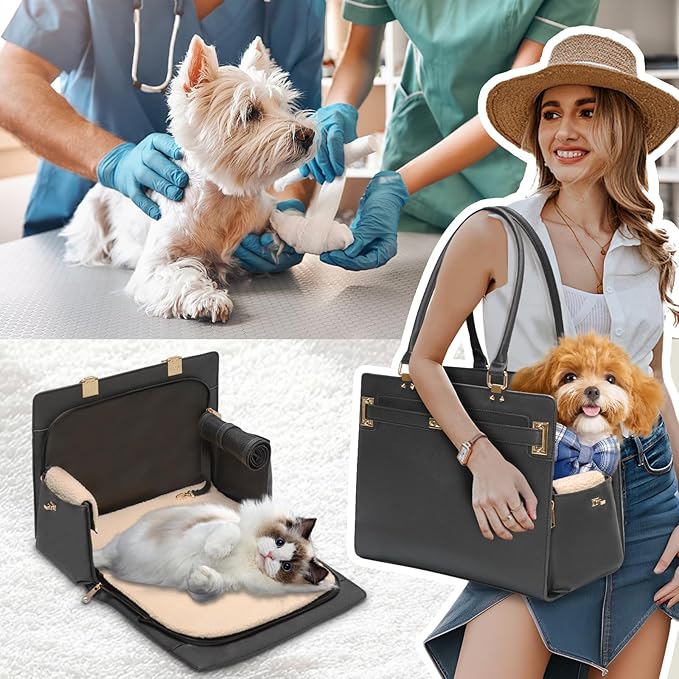 2-in-1 Stylish Dog Purse Carrier Soft-Sided Carriers Travel Tote Bag for Small Dogs Cats, Fashion Foldable Pet Bag for Puppies Small Animals with Pockets (Black, 15" L x 7.5" W x 12.2" H)-PurrikoPets