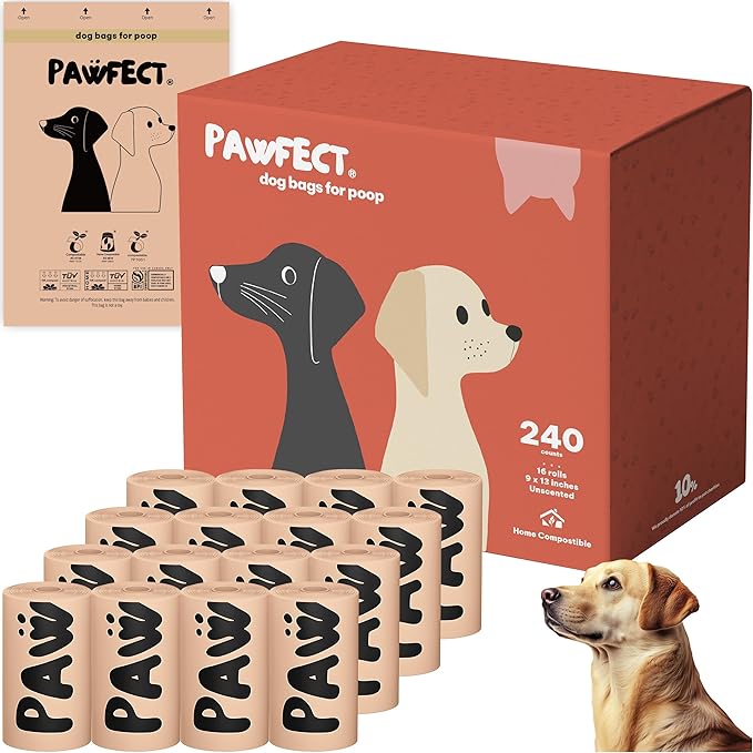 Pawfect Dog Poop Bags Rolls - Biodegradable Doggie Bags, Compostable Dog Waste Bags, BPI Certified Pet Waste Bags, Unscented, Large, Puppy Poo, Earth Friendly, Bolsas de Basura (240 counts)-PurrikoPets