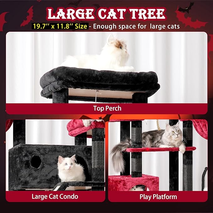 Gothic Cat Tree for Large Cats, 78.7"(200cm) Tall Cat Tower for Indoor Cats Multiple Cats with Large Top Perch, Cat Condo, Cat Hammcok, Cat Scratching Post, Black and Red GCT031BR-PurrikoPets