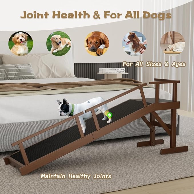 61" Dog Ramp for Bed, Pet Ramp with Removable Side Rail and Non-Slip Surface, Pet Ramp for Small & Large & Senior Dogs with Rest Platform and DIY Glow Strips,Dog Stairs for Couch, Brown-PurrikoPets