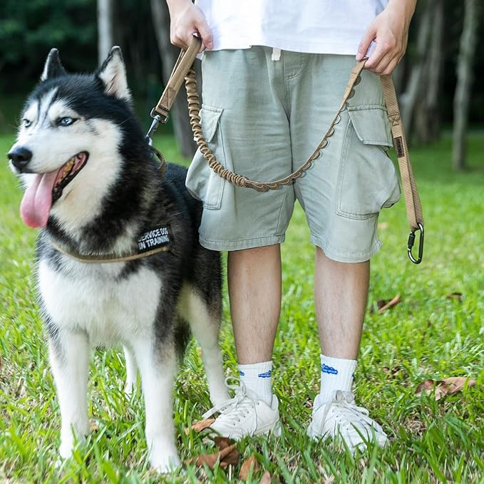 EXCELLENT ELITE SPANKER Tactical Bungee Dog Leash Military Adjustable Dog Leash Quick Release Elastic Leads Rope with 2 Control Handle(Grey-PurrikoPets