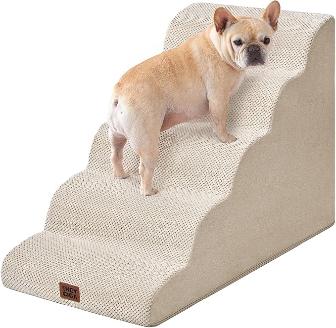 EHEYCIGA Curved Dog Stairs Ramp for High Beds, 5-Step Extra Wide Dog Steps for Small Dogs and Cats, Pet Stairs for High Bed Climbing, Non-Slip Balanced Pet Step Indoor, Beige-PurrikoPets