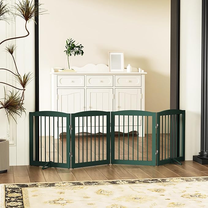 Freestanding Pet Gate for Dogs, Foldable Wooden Dog Gate for House, Indoor Dog Gate for Stairs, Doorways, Step Over Pet Puppy Safety Fence, 80 Inch Wide, 4 Panels 24", Green-PurrikoPets