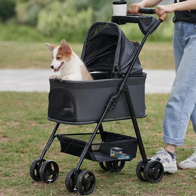 3 in 1 Pet Stroller with Removable Carrier, Folding Stroller for Small/Medium Dogs and Cats, Waterproof, All-Terrain, with Sun Shades, Car Seat-PurrikoPets