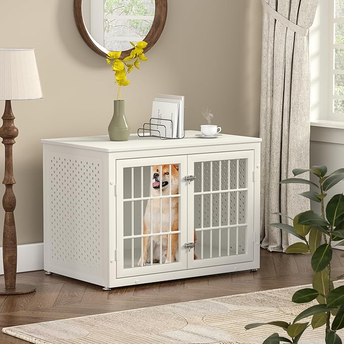 38" Heavy Duty Dog Crate Furniture for Large and Medium Dogs,Wooden Metal Kennel for High Anxiety Dogs, Chew Proof Pet Cage Indoor, Decorative Dog Kennel End Table, White-PurrikoPets