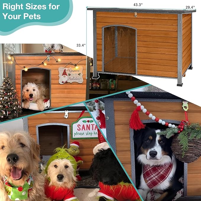 Feral Dog House Outdoor,Anti Bite Iron Frame Dog Kennel,Wood Warm Pets Home,Insulated Weatherproof Outside Shelter for Feral Animal (43.3" (L) x 29.4" (W) x 33.4" (H)-Brown-in)-PurrikoPets