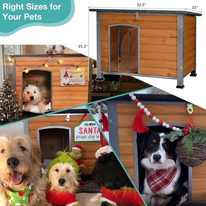 Feral Dog House Outdoor,Anti Bite Iron Frame Dog Kennel,Wood Warm Pets Home,Insulated Weatherproof Outside Shelter for Feral Animal (33.5"(L)×22"(W)×25.2"(H)-Brown-in)-PurrikoPets