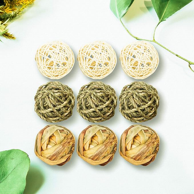 9 Pcs Small Animals Play Balls Rolling Activity Chew Toys Gnawing Treats for Rabbits Guinea Pigs Chinchilla Bunny Natural Balls, Pet Cage Entertainment Accessories (9 Pcs)-PurrikoPets