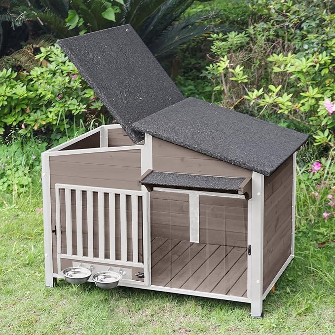 Dog House Outdoor with Bowls Weatherproof Dog Kennel with Anti-Chewing Iron Frame Dog Shelter for Small Medium Dogs(Light Brown)-PurrikoPets