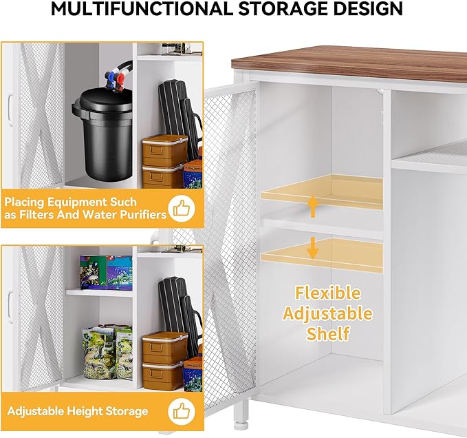 DWVO 20-29 Gallon Aquarium Stand with Power Outlets & LED Light, Cabinet for Fish Tank Accessories Storage - Metal Stand Suitable for Turtle Tank, Reptile Terrarium, 350LBS Capacity, White-PurrikoPets