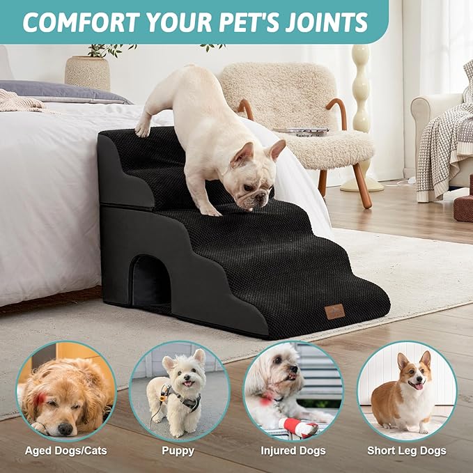 Extra Wide Dog Stairs with Tunnel, Detachable Large Pet Step for Small Medium Dog, Puppy or Cat, Ramp for High Bed, Couch, Sofa or Car, Stable, 19.7x33x22.4 inch, 5 Step, Black-PurrikoPets