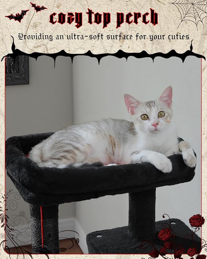 Gothic Cat Tree with Super Large Hammock, 45.7" Black Cat Tower with Coffin Bed, Cat Condo, Sisal Scratching Posts & Top Perch, Multi-Level Goth Cat Tree, Halloween, Black-PurrikoPets