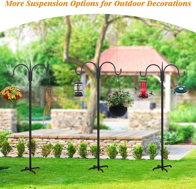 FEED GARDEN Adjustable Double Shepherds Hook for Outdoor with 5 Prong Base 76 Inch Heavy Duty Two Sided Bird Feeder Pole for Hanging Plant Baskets, Solar Light Lanterns, Wind Chimes 2 Pack-PurrikoPets