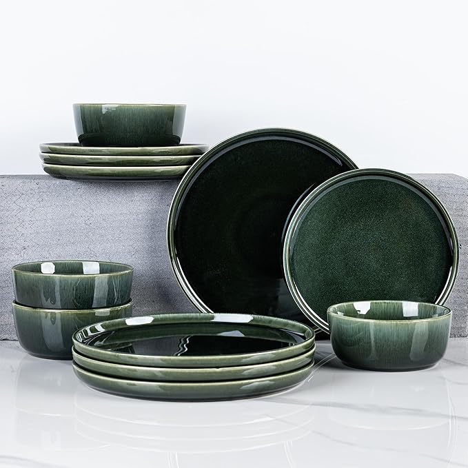 GBHOME Ceramic Dinnerware Sets for 6, 18 Pieces Stoneware Plates and Bowls Sets, Reactive Glaze Dishes -Scratch Resistant, Dishwasher&Microwave Safe, Earth Green-PurrikoPets