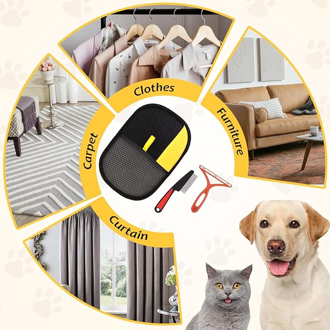 3 Pcs Pet Hair Removal Glove Set, Reusable Electrostatic Pet Hair Remover with Hair Remover Brush and Pet Comb, Upgrade Efficient Cats&Dogs Grooming Gloves for Clothes Furniture Carpet Seat-PurrikoPets