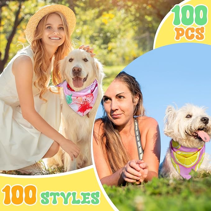 100 Pcs Hawaiian Dog Bandanas Bulk Pet Bibs Colorful Triangle Scarf Pet Bandanas for Medium Large Dogs Hawaiian Summer Luau Party Birthday Costume Decor-PurrikoPets