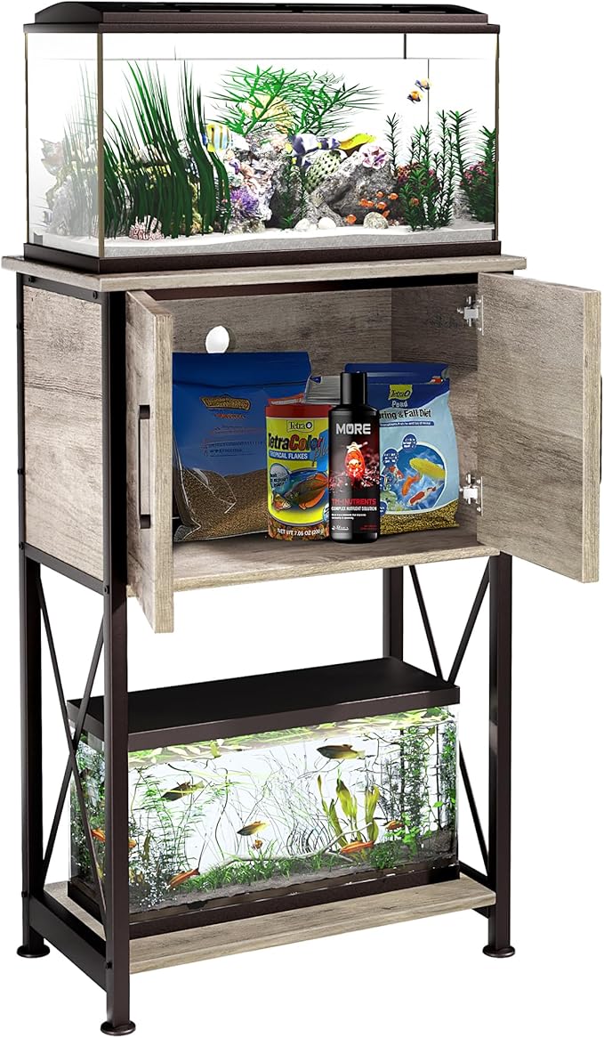 5-10 Gallon Fish Tank Stand, Metal Double Aquarium Stand with Cabinet for Fish Tank Accessories Storage, Heavy Duty 20.5" L* 11.02" W Tabletop, 500LBS Capacity Grey PG06YGZ-PurrikoPets