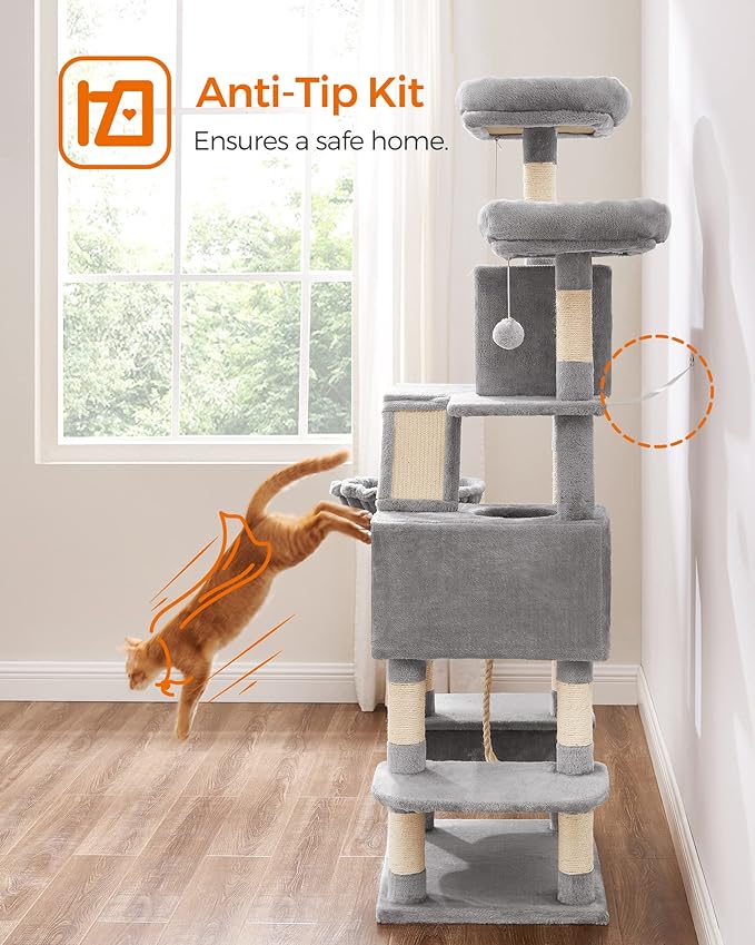 Feandrea Cat Tree, 66.1-Inch Large Cat Tower with 13 Scratching Posts, 2 Perches, 2 Caves, Basket, Hammock, Pompoms, Multi-Level Plush Cat Condo for Indoor Cats, Light Gray UPCT165W01-PurrikoPets