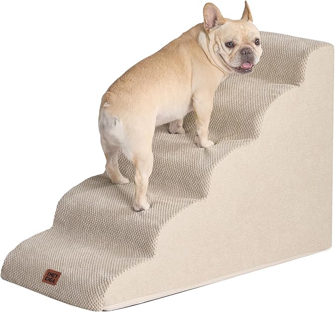 EHEYCIGA Curved Dog Stairs Ramp for High Beds 22.6" H, 5-Step Dog Steps for Small Dogs and Cats, Pet Stairs for High Bed Climbing, Non-Slip Balanced Pet Step Indoor, Beige-PurrikoPets